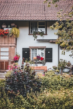 A charming rustic house facade featuring a mix of green foliage and vibrant flowers. Wooden shutters and brown roof tiles complement the earthy tones of the building. Various potted plants and a wooden bench add a welcoming and cozy feel.
