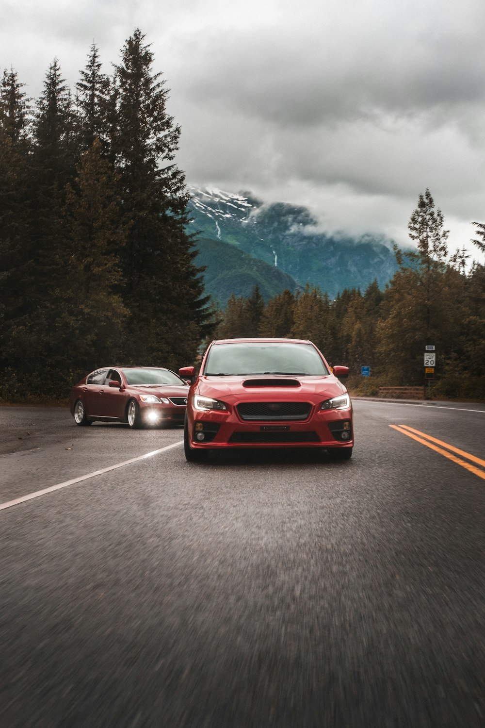 red car on road near trees