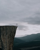 Wide-angle shot of a helicopter hovering above a cliff, with a jumper silhouetted against the sky.