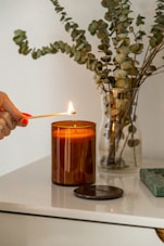 person holding lighted candle near green plant