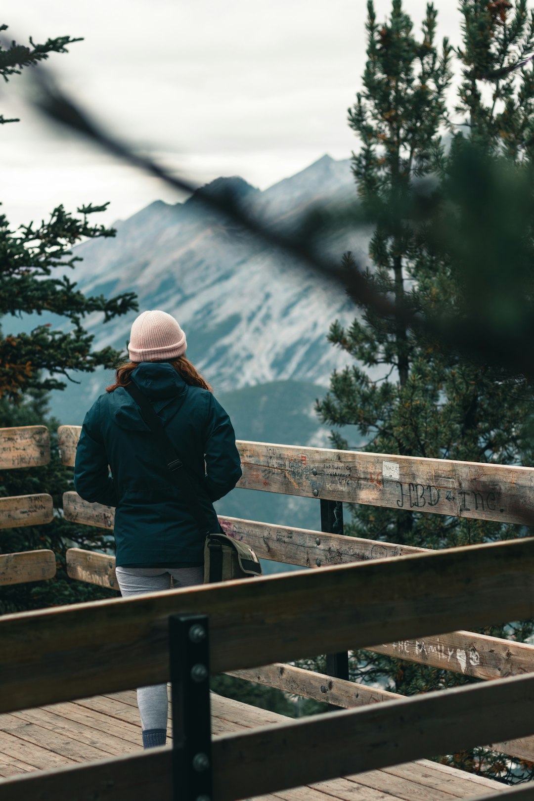 man in black jacket and brown hat standing on brown wooden fence looking at the mountains