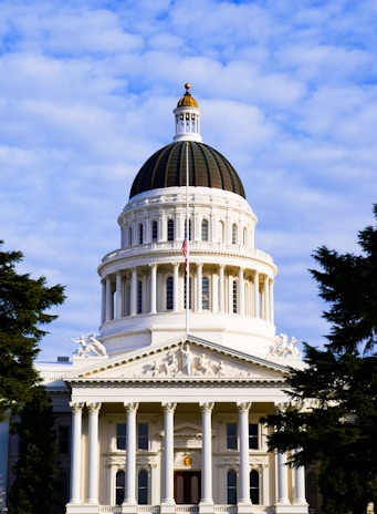 A large, classical-style building with a prominent white dome and detailed architectural features stands under a bright sky. The structure is adorned with columns and decorative sculptures at the front. An American flag is visible at the top of the building.