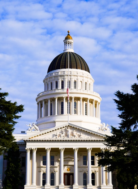 A large, classical-style building with a prominent white dome and detailed architectural features stands under a bright sky. The structure is adorned with columns and decorative sculptures at the front. An American flag is visible at the top of the building.