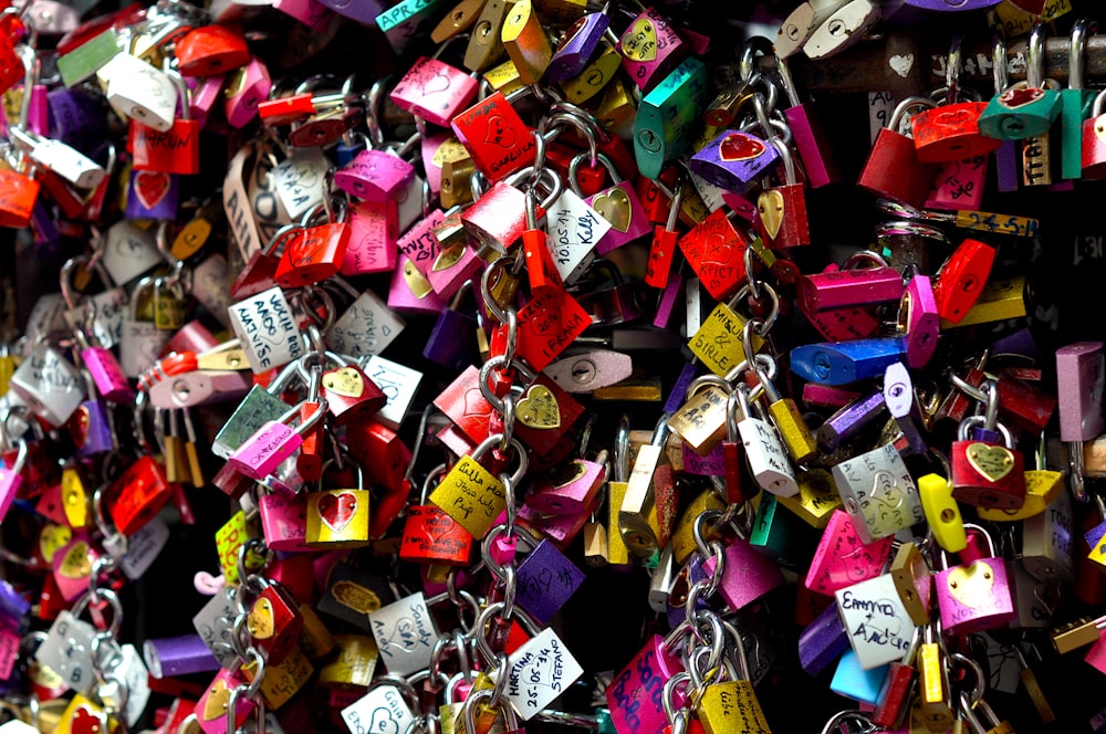 gold and purple padlocks on brown wooden fence