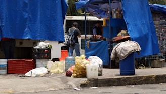 A street market stall is partially covered with vibrant blue tarps. Various goods, including bags of produce and large bottles of water, are stacked on the ground. A person with a backpack stands nearby, possibly browsing or purchasing items from the vendor inside the stall.