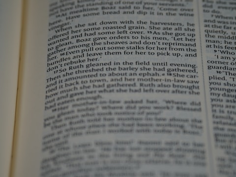 A close-up image of a book page with text in a serif font. The text appears to be a narrative passage, with focused lines in the center and slightly blurred lines at the top and bottom, indicating a depth of field effect.