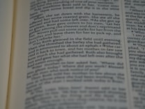 A close-up image of a book page with text in a serif font. The text appears to be a narrative passage, with focused lines in the center and slightly blurred lines at the top and bottom, indicating a depth of field effect.