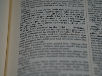 A close-up image of a book page with text in a serif font. The text appears to be a narrative passage, with focused lines in the center and slightly blurred lines at the top and bottom, indicating a depth of field effect.
