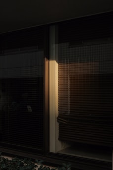 Dark and moody interior window with closed blinds casting shadows. A beam of warm light softly illuminates one section, adding a subtle contrast to the surrounding darkness.