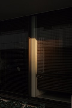 Dark and moody interior window with closed blinds casting shadows. A beam of warm light softly illuminates one section, adding a subtle contrast to the surrounding darkness.