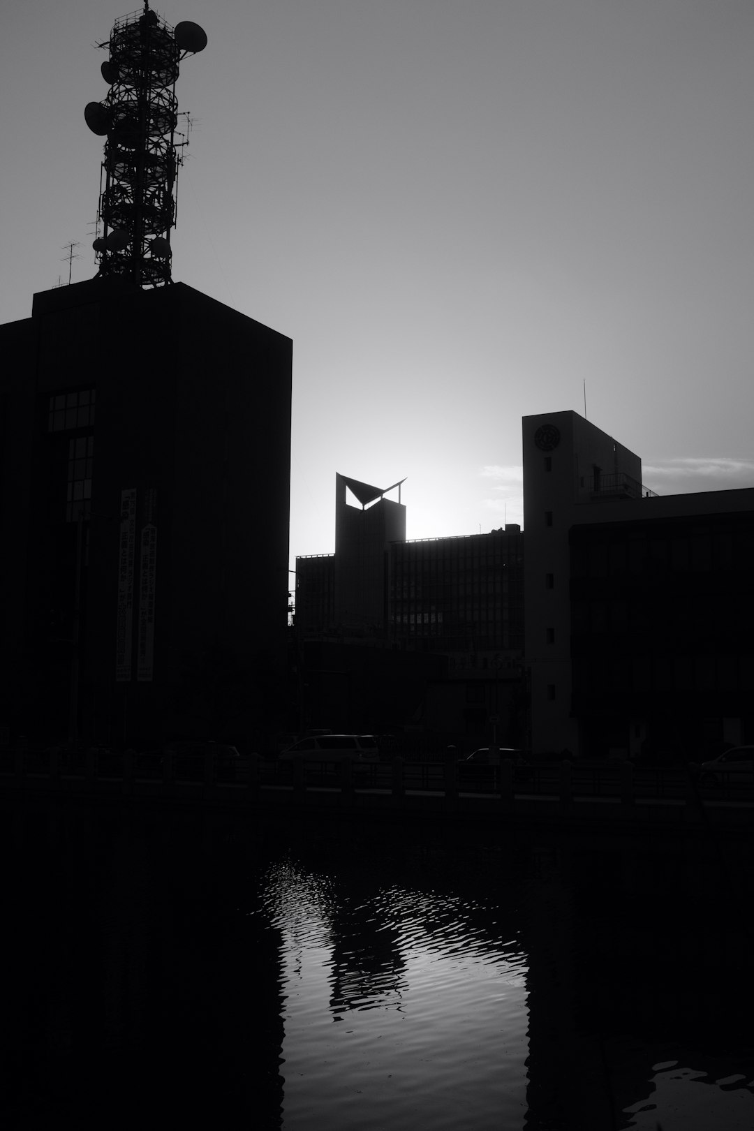 grayscale photo of building near body of water