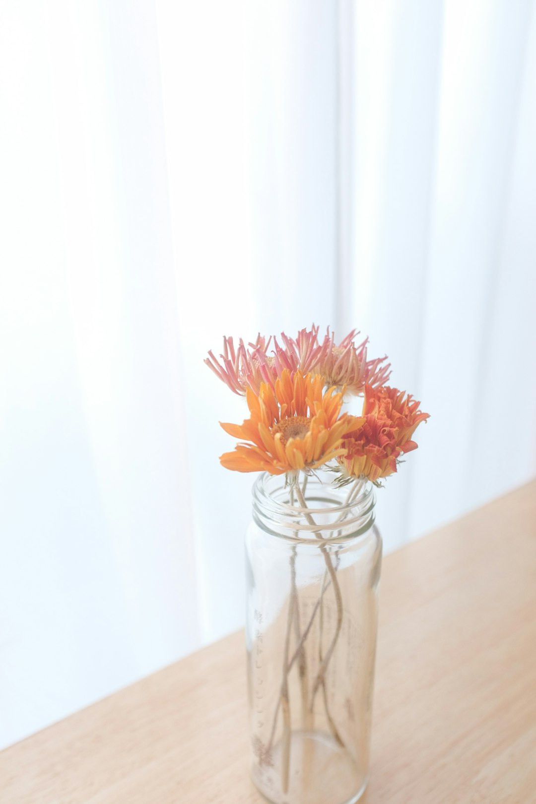 pink and orange flowers in clear glass vase