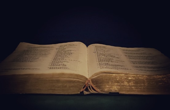 An open book rests against a dark background, the pages filled with small, printed text. The book's cover is textured with a golden hue, and a thin ribbon bookmark lies in the center.