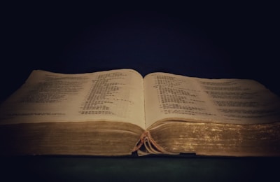 An open book rests against a dark background, the pages filled with small, printed text. The book's cover is textured with a golden hue, and a thin ribbon bookmark lies in the center.
