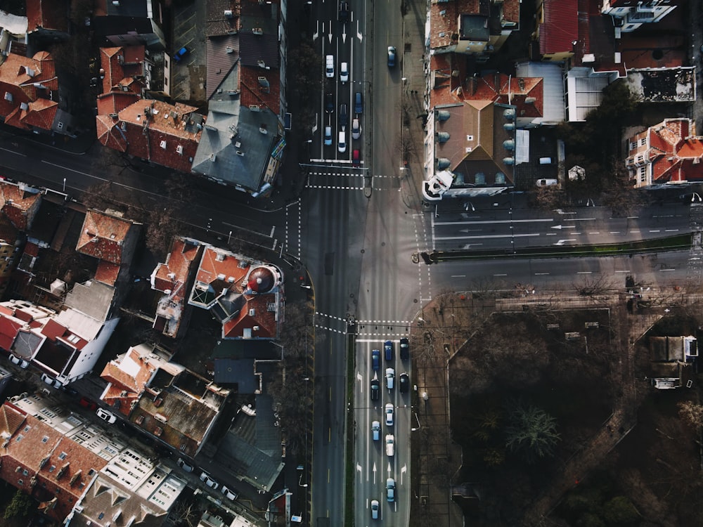 aerial view of city buildings during night time