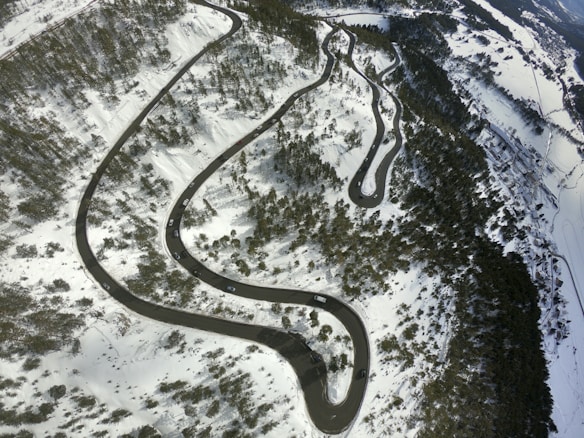 A winding road snakes through a snow-covered mountainous landscape, bordered by patches of dense green trees. Several vehicles are visible on the road, emphasizing the road's curves as it cuts through the white terrain.