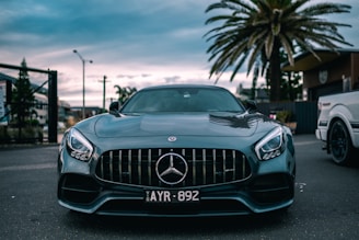 A sleek, dark green Mercedes-Benz car is prominently displayed in the center of the image. The car is parked on a street with a palm tree and some buildings in the background. The sky appears to be overcast, creating a moody atmosphere. The car's headlights are on, and the front grille and logo are clearly visible.