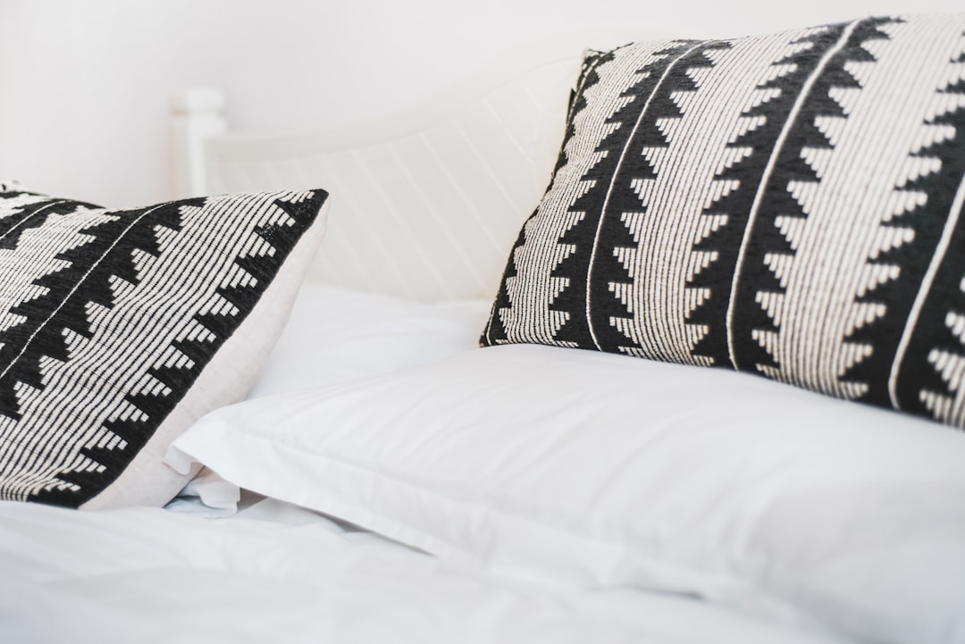black and white throw pillows on white bed