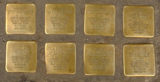 The image contains eight brass plaques embedded in the ground. Each plaque bears inscriptions commemorating victims of the Holocaust, detailing their names, years of birth, arrest dates, detention locations, deportation to Auschwitz, and their fate. The plaques are placed in a grid formation on a pavement background.