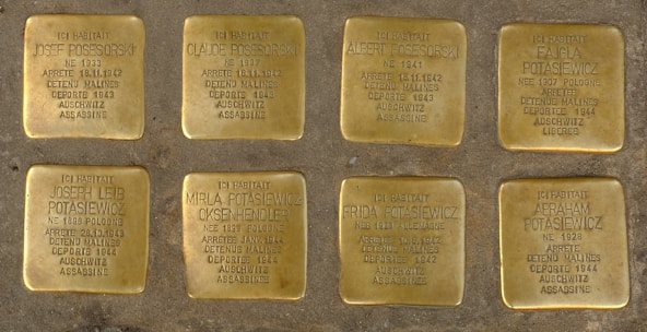 The image contains eight brass plaques embedded in the ground. Each plaque bears inscriptions commemorating victims of the Holocaust, detailing their names, years of birth, arrest dates, detention locations, deportation to Auschwitz, and their fate. The plaques are placed in a grid formation on a pavement background.