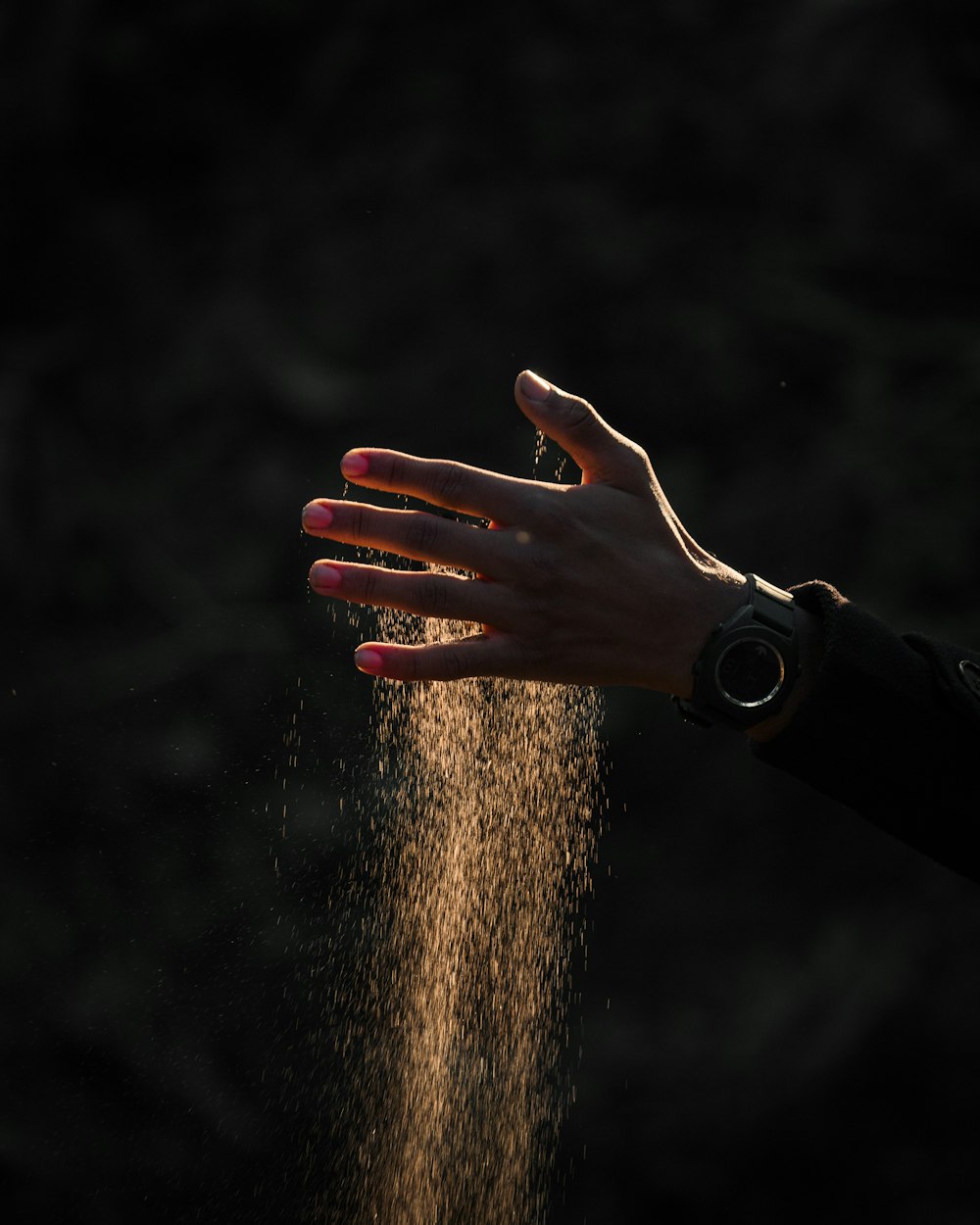 person wearing black watch with brown band