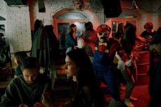 people in red and blue mask