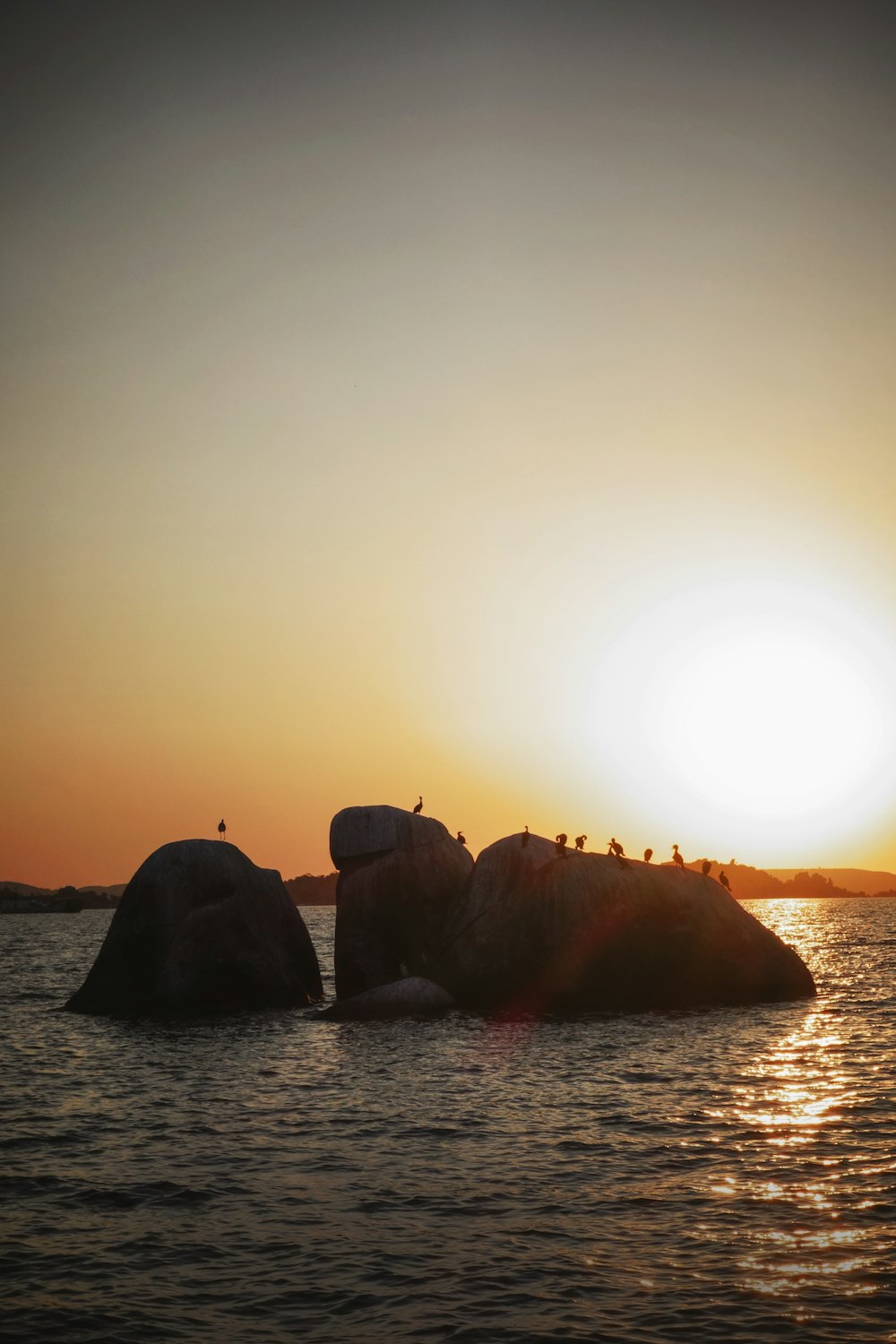 silhouette of rocks on sea during sunset