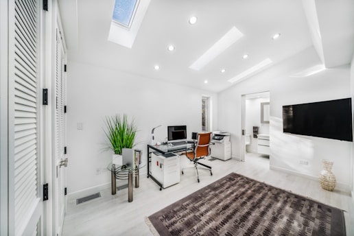 A modern and bright home office with white walls and ceiling lights. There are two desks with office chairs, one of which is facing a computer on the desk. The room features a skylight, allowing natural light to flood in. There is a large flat-screen TV mounted on the wall, a black and brown rug on the floor, and a tall green plant in the corner. The overall space appears clean and organized.
