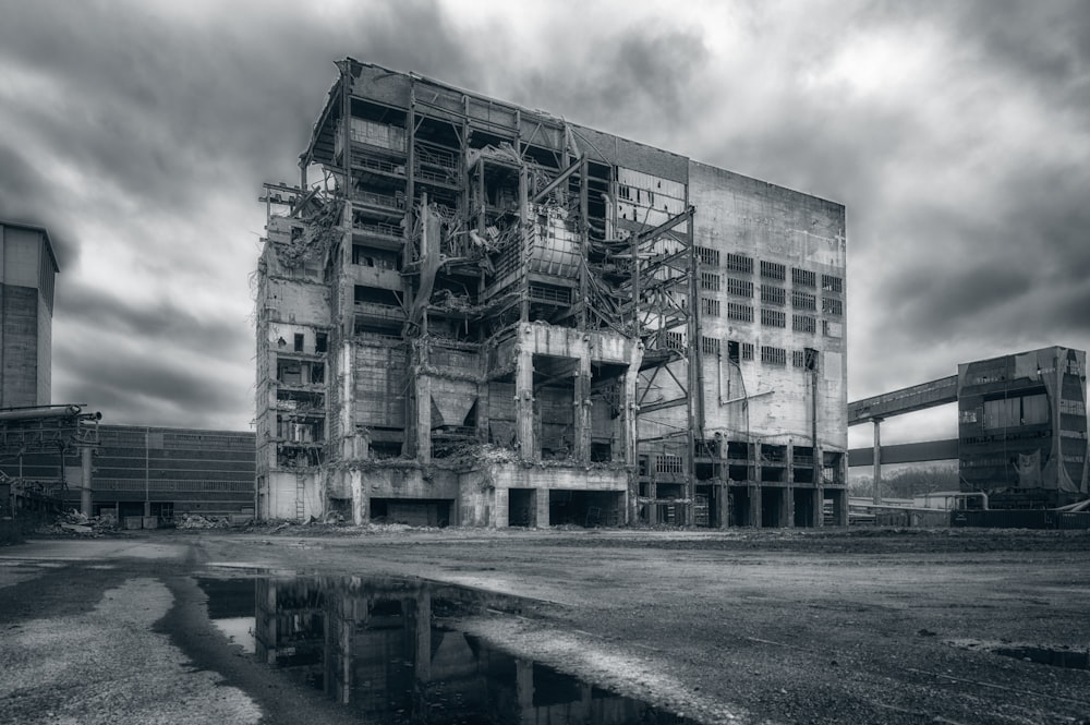grayscale photo of abandoned building