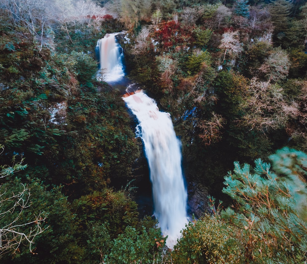 waterfalls in the middle of green trees