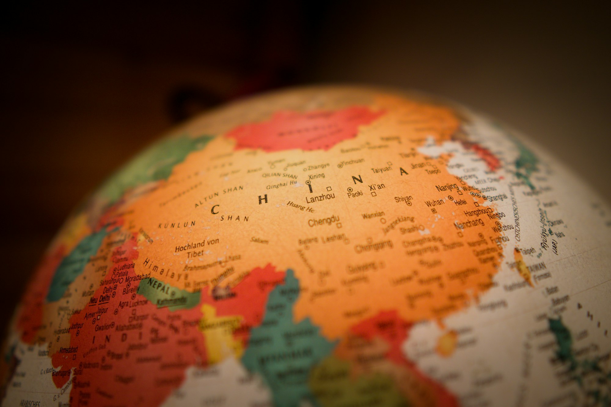 China on a glowing globe with political borders