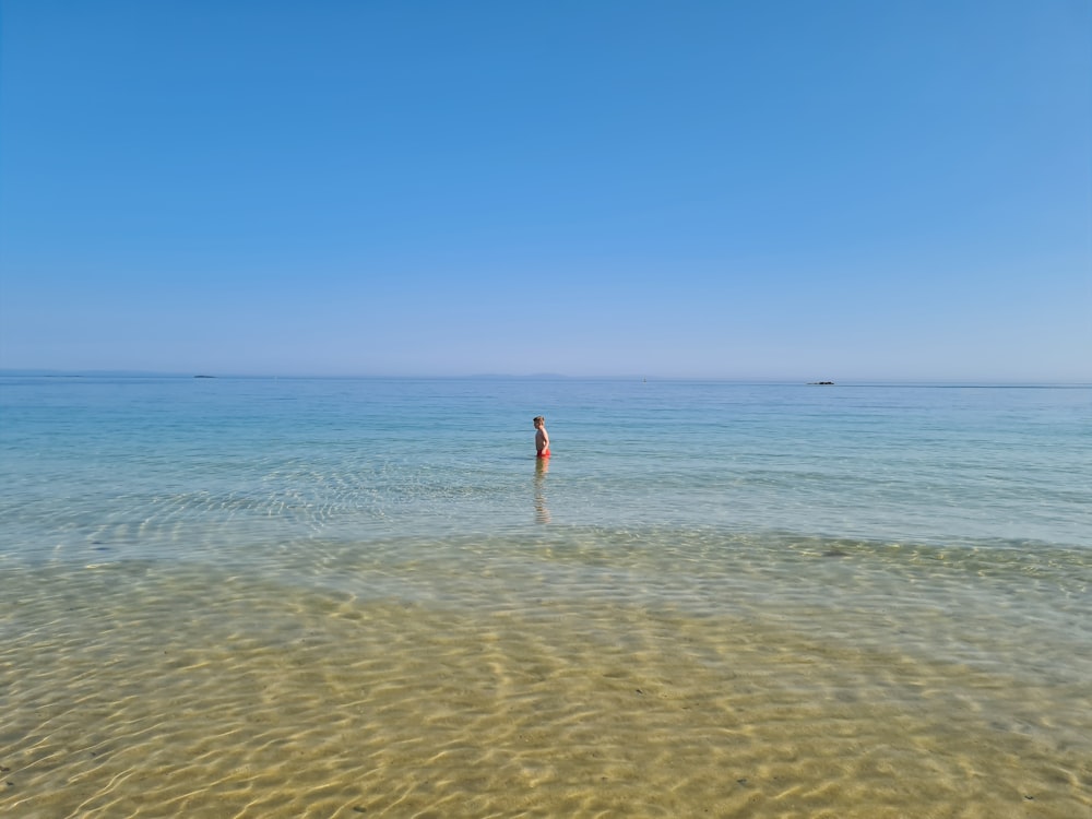 昼間の浜辺に立つ赤いシャツを着た人