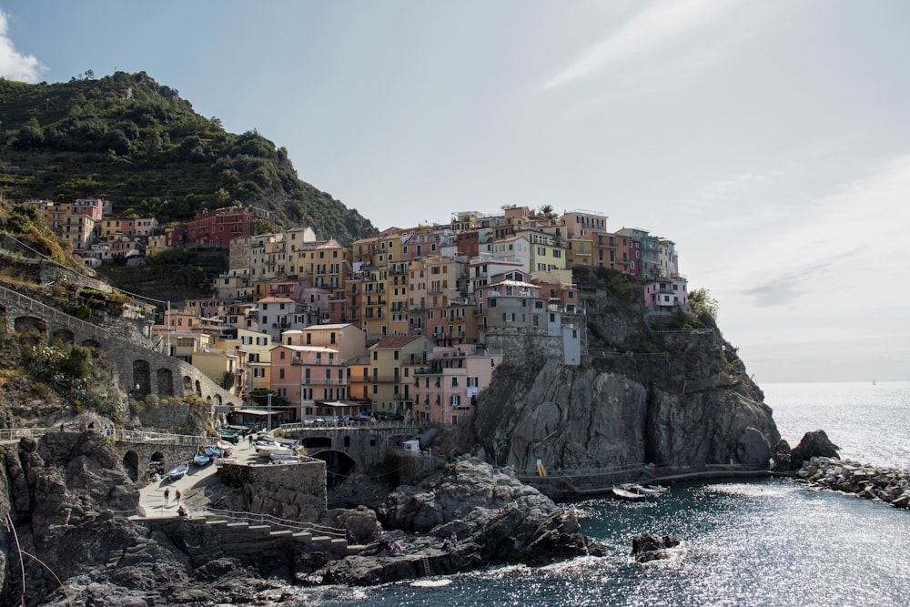 houses on mountain beside sea during daytime