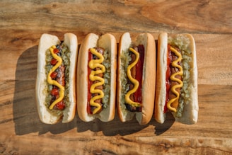 hotdog sandwich on brown wooden table