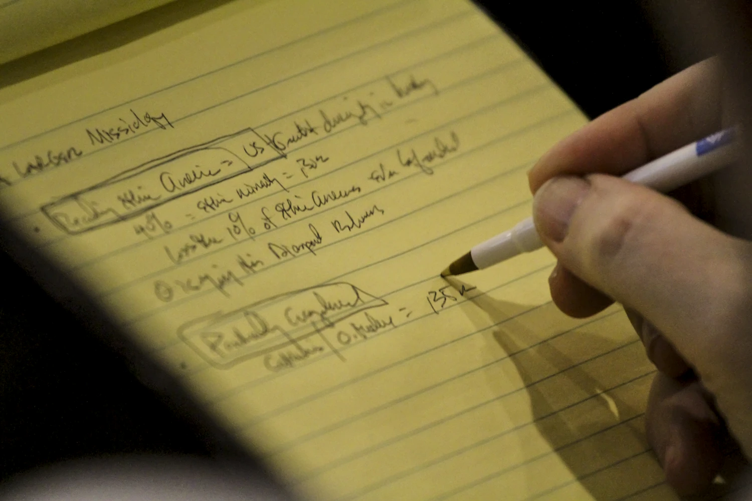 A hand writing in pencil down a yellow legal pad, the page already half full of close handwriting