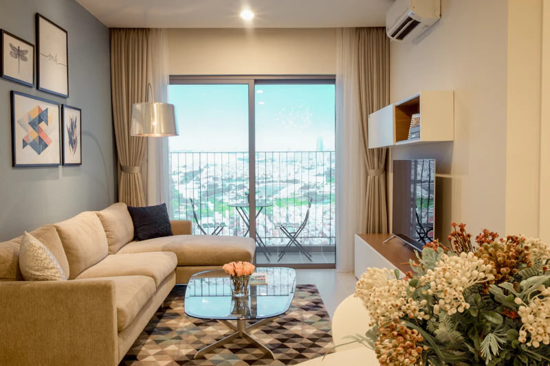 Sala de departamento con sofá, mesa de centro y balcón con vista a la ciudad
