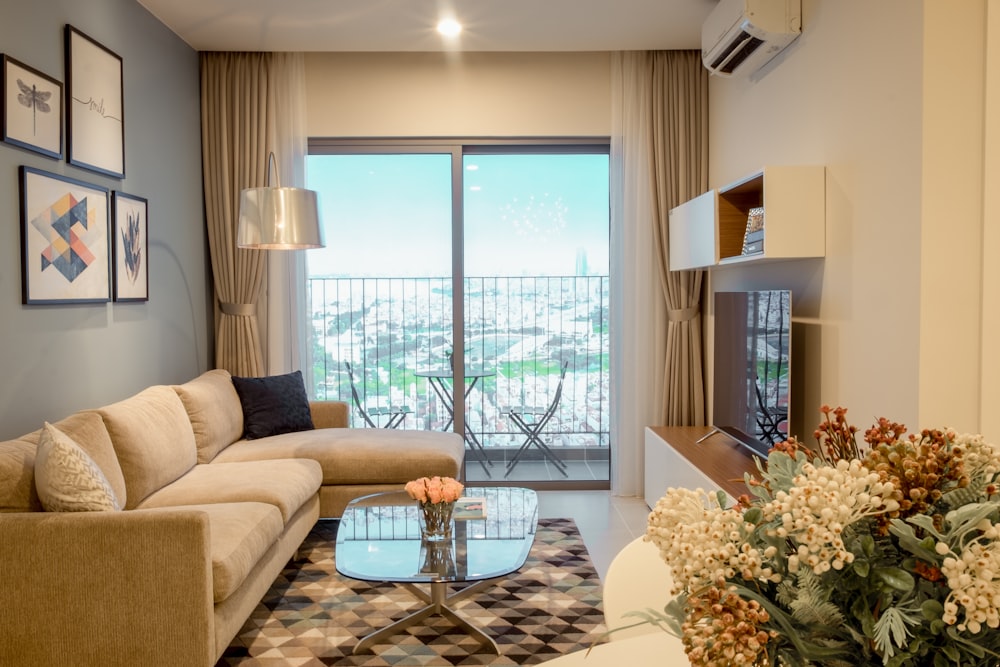 white and brown living room set