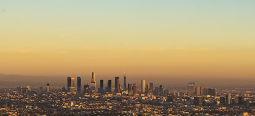 A panoramic view of a city skyline at sunset.