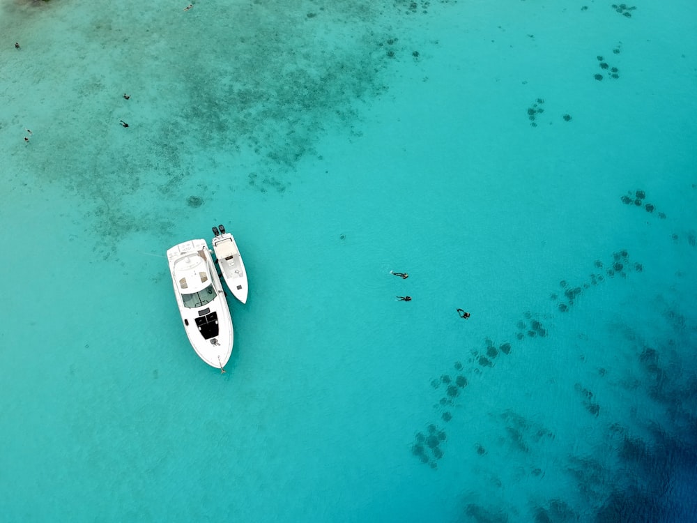 Vue aérienne d’un bateau blanc et noir sur la mer pendant la journée