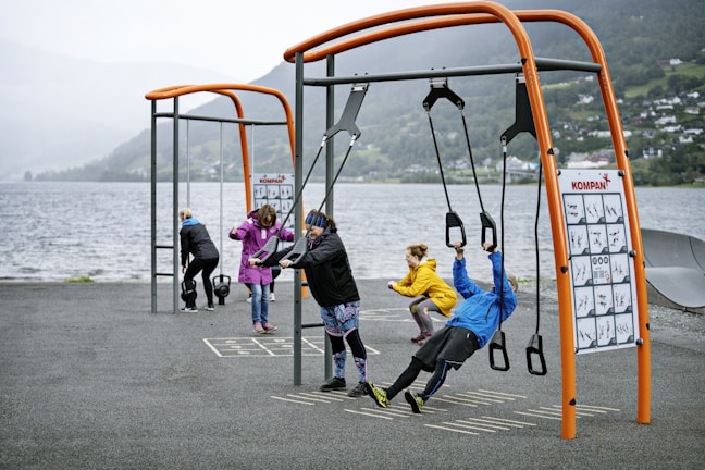 Several people are exercising at an outdoor gym near a body of water. The gym features orange and black equipment suitable for different workout routines. The background shows a scenic view of mountains and greenery across the water. The individuals, wearing athletic clothing, appear to be engaged in various exercises.