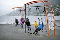 Several people are exercising at an outdoor gym near a body of water. The gym features orange and black equipment suitable for different workout routines. The background shows a scenic view of mountains and greenery across the water. The individuals, wearing athletic clothing, appear to be engaged in various exercises.