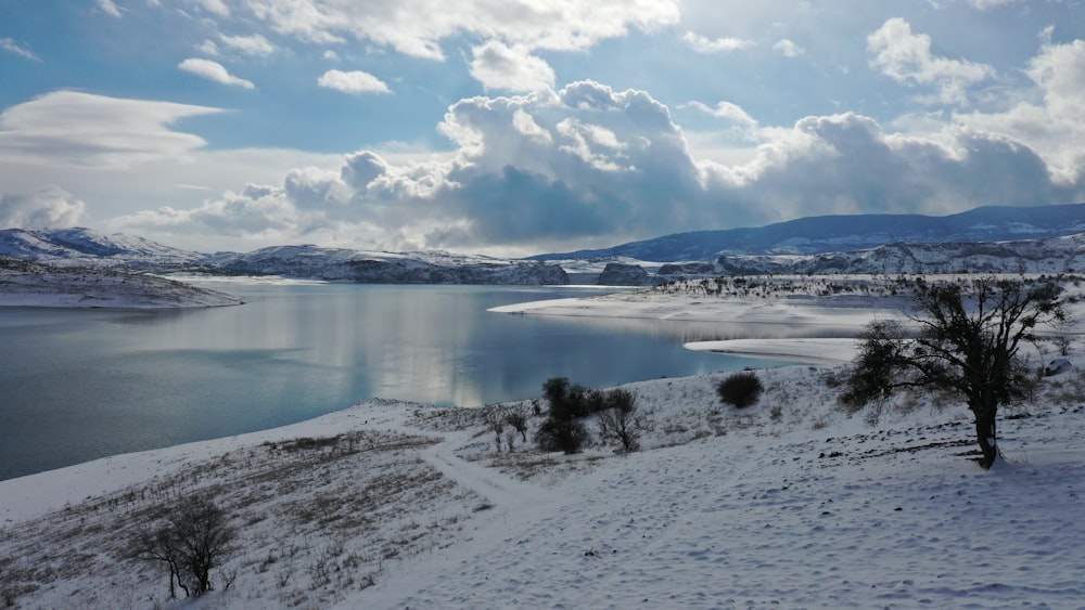 snow covered mountain near lake under blue sky during daytime