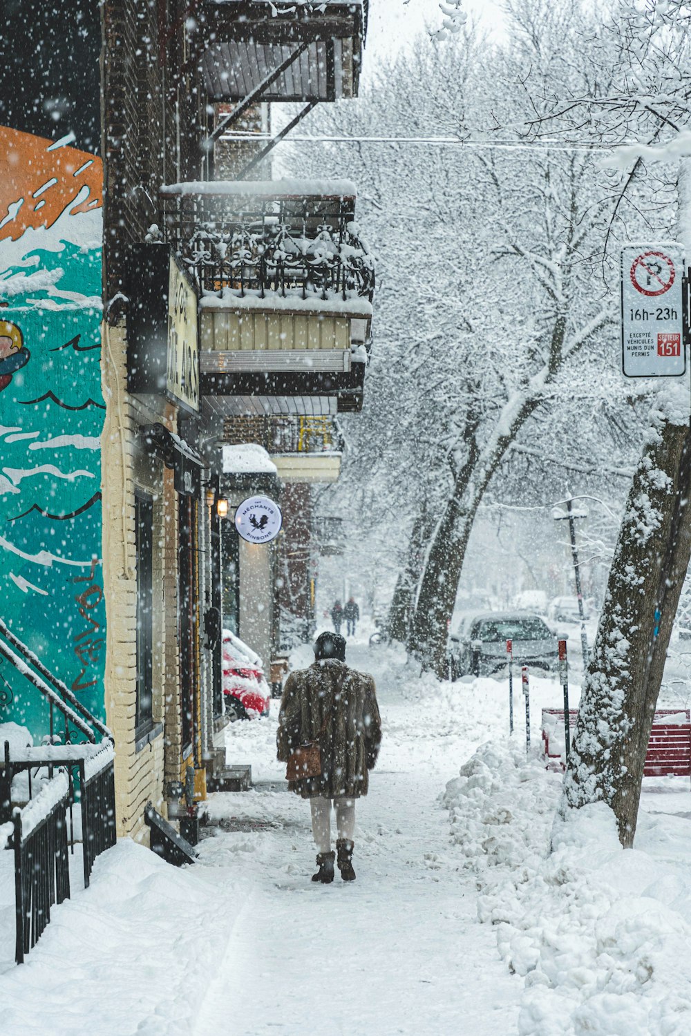 Persona con abrigo negro caminando por un camino cubierto de nieve durante el día