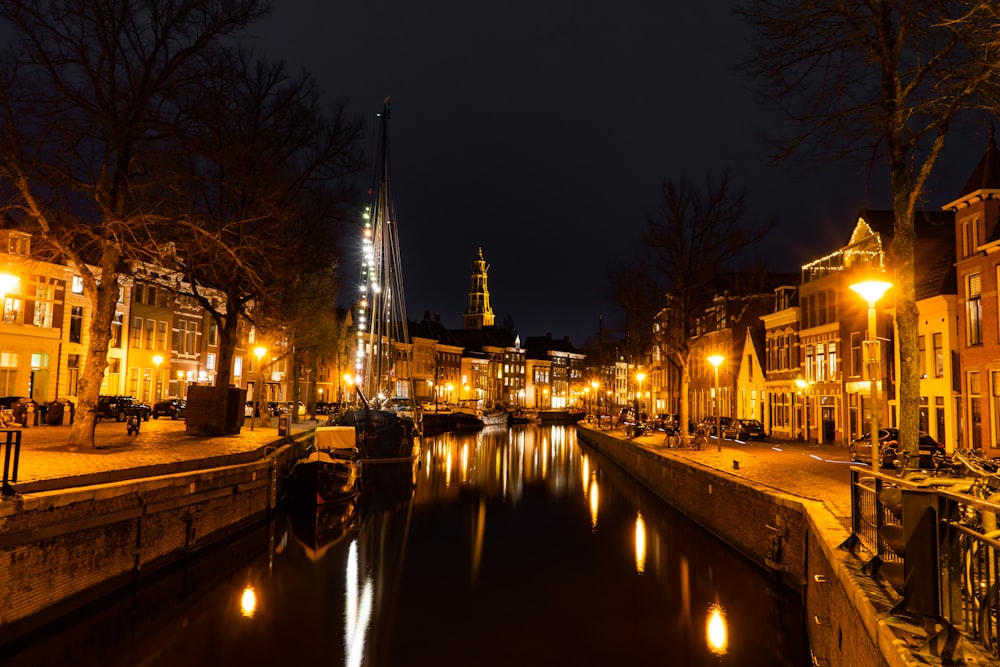 body of water near building during night time