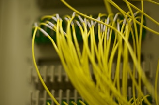 A close-up image of numerous yellow fiber optic cables connected to ports on a network panel. The cables are prominently in focus, with some parts of the panel appearing blurred in the background.