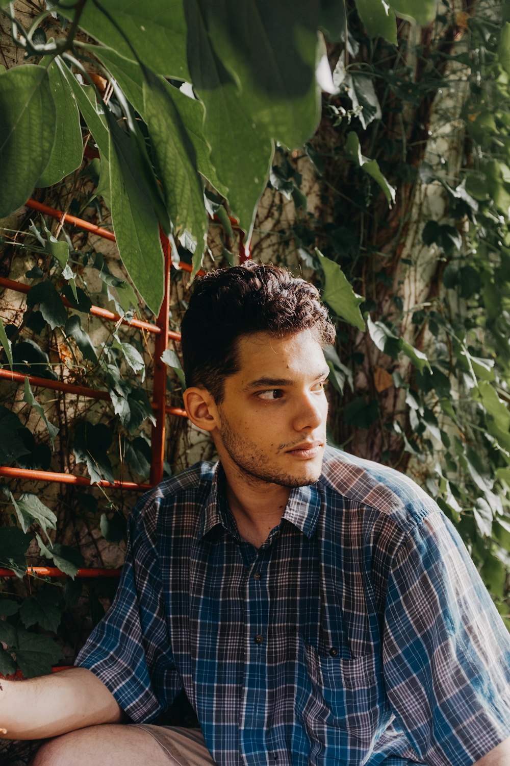 man in blue white and black plaid button up shirt standing near green leaves