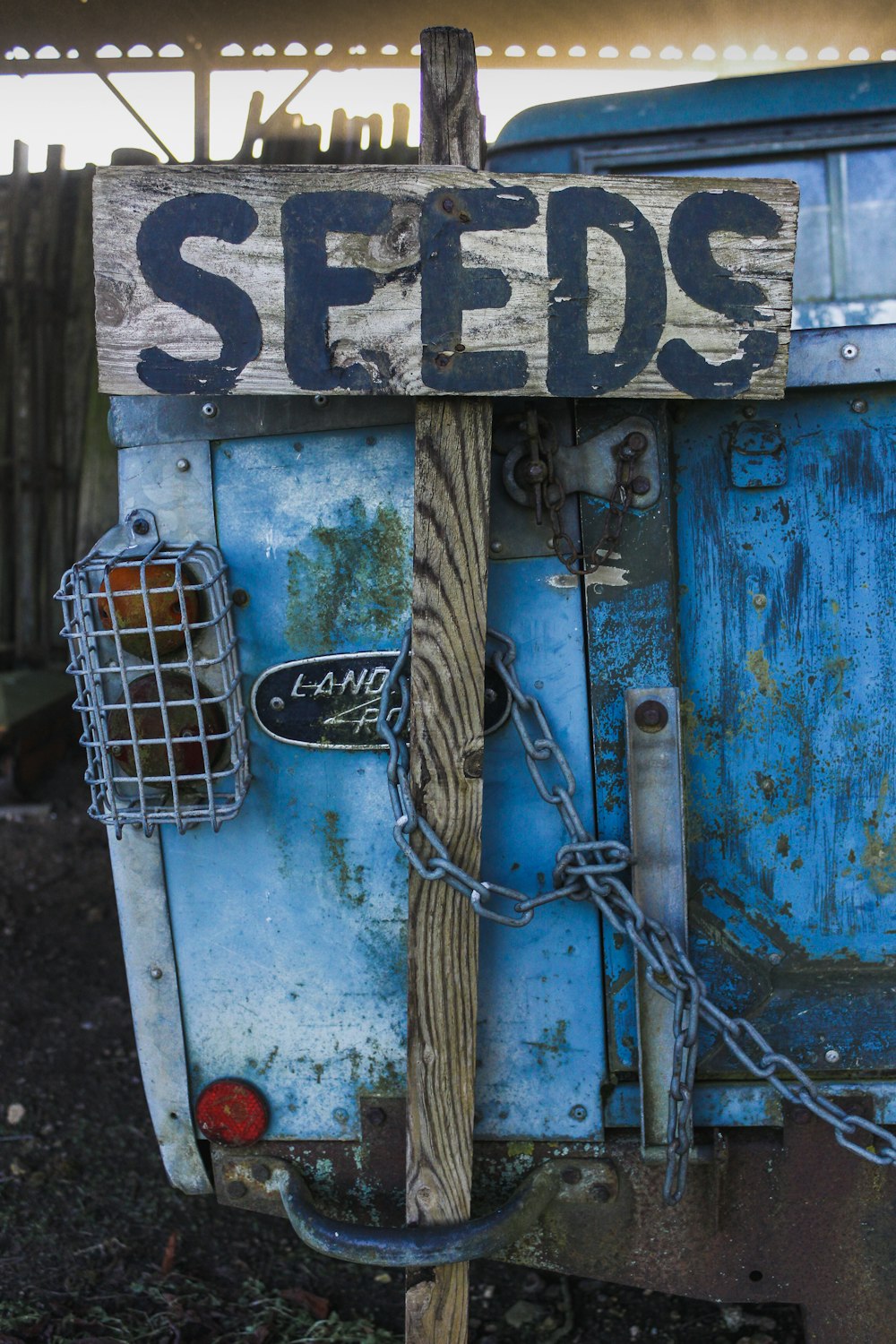 white metal bird cage on blue wooden door