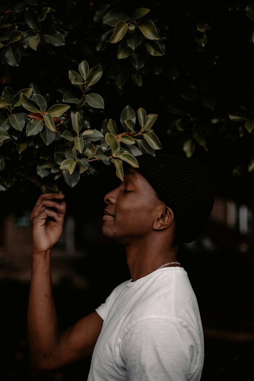 man in white crew neck shirt and black hat holding green leaves