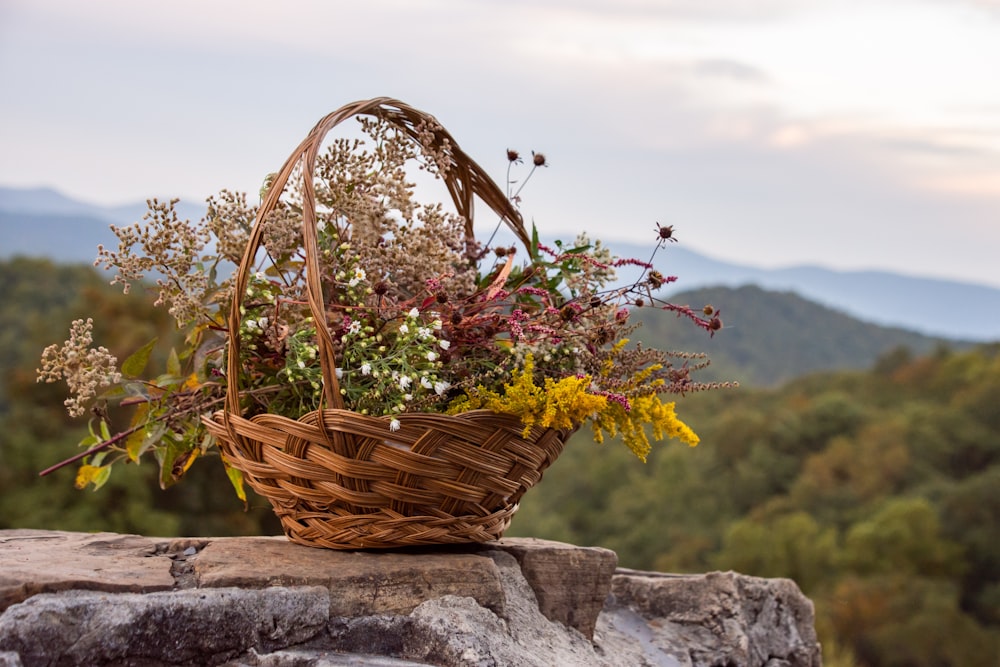 brown woven basket with green and yellow flowers on gray concrete wall during daytime