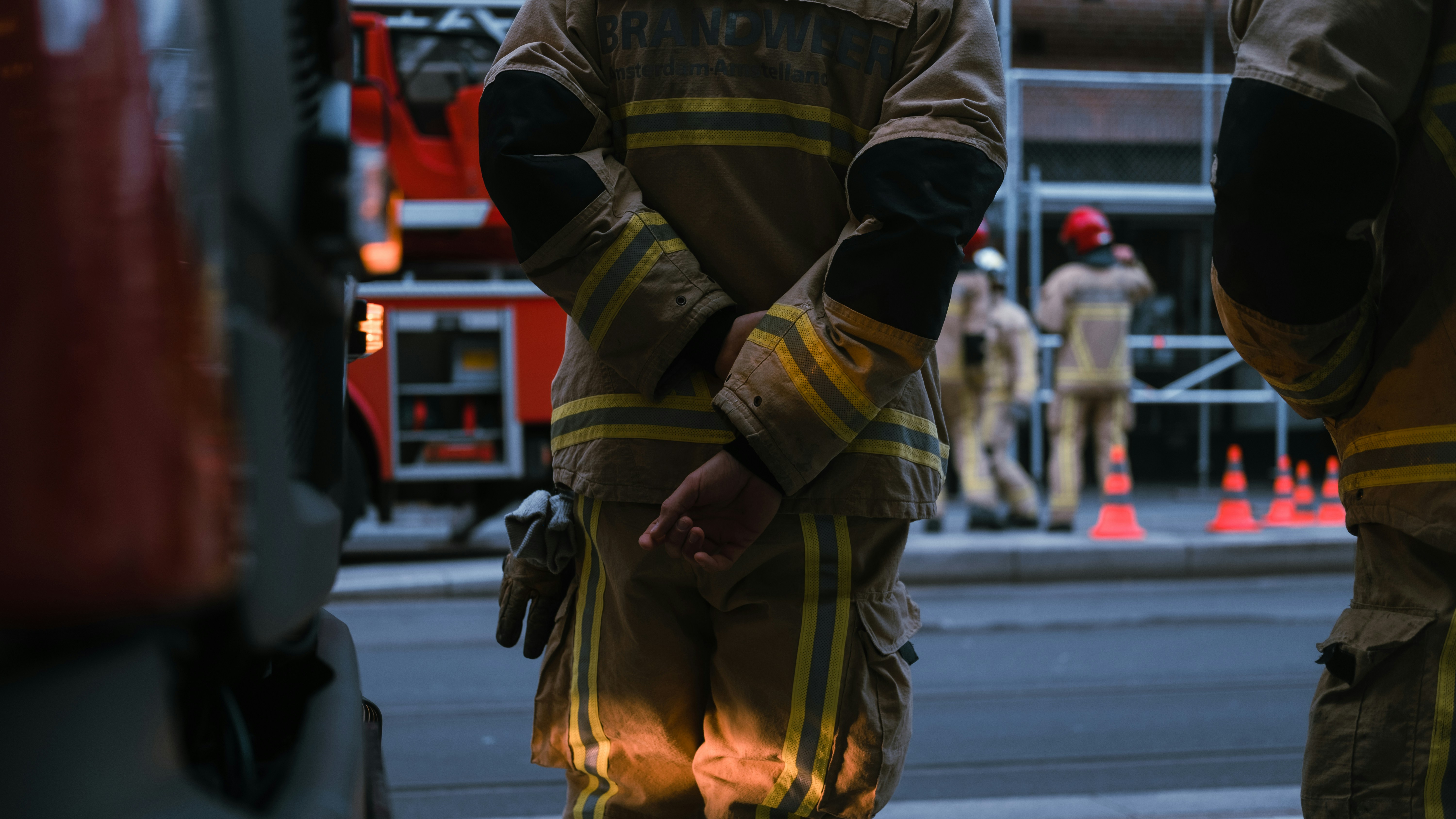 Firefighters helping to rebuild a scaffolding in Amsterdam after a heavy storm during the summer of 2019.